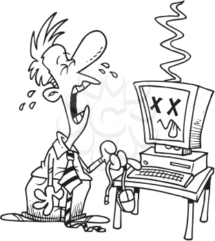 Royalty Free Clipart Image of a Man Crying Beside a Computer