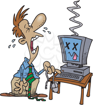 Royalty Free Clipart Image of a Crying Man With a Broken Computer