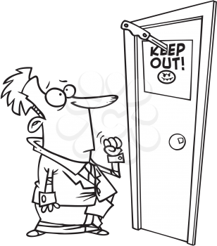 Royalty Free Clipart Image of a Man Looking at a Keep Out Sign