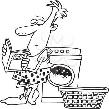 Royalty Free Clipart Image of a Man in Boxers Doing Laundry While Reading a Magazine