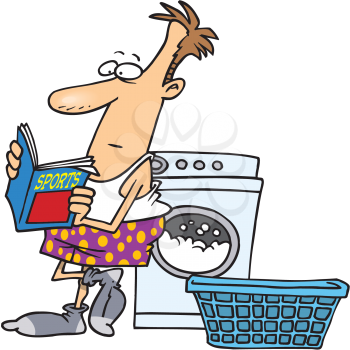 Royalty Free Clipart Image of a Man in Boxers and a T-Shirt Doing Laundry While Reading a Sports Magazine