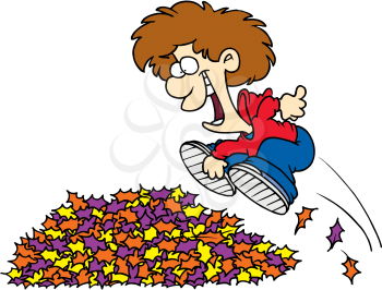 Royalty Free Clipart Image of a Boy Jumping in Leaves