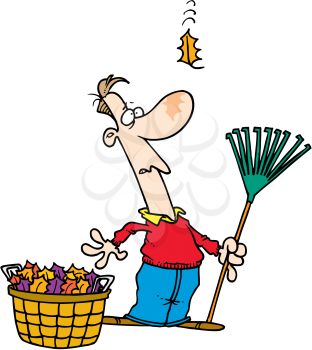 Royalty Free Clipart Image of a Man Watching a Falling Leaf