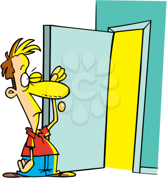 Royalty Free Clipart Image of a Man Looking Through a Door at a Light