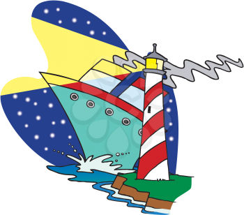 Royalty Free Clipart Image of a Boat and a Lighthouse
