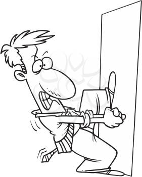 Royalty Free Clipart Image of a Man Pulling on a Door
