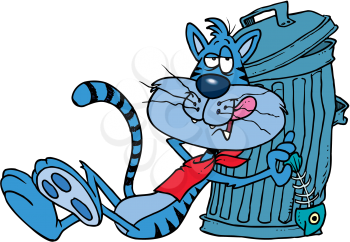 Royalty Free Clipart Image of a Cat by a Trashcan