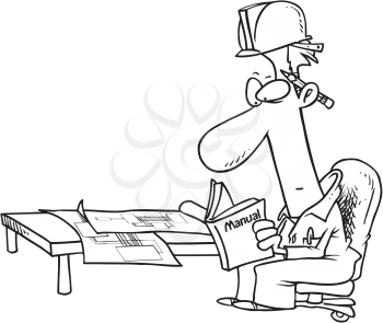Royalty Free Clipart Image of a Man in a Hardhat Reading a Manual