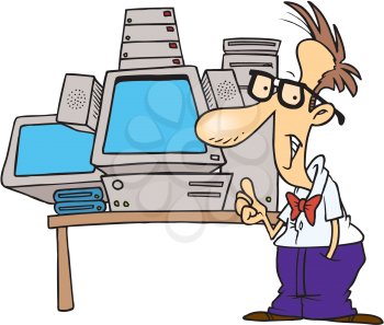Royalty Free Clipart Image of a Man With a Lot of Computer Technology