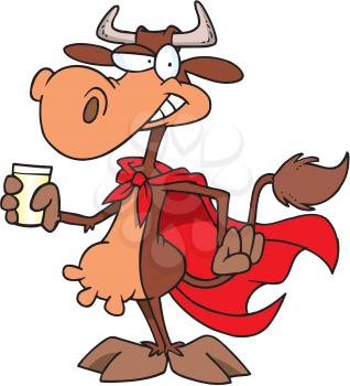 Royalty Free Clipart Image of a Caped Cow Drinking Milk