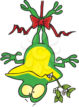 Royalty Free Clipart Image of a Frog Hanging From the Mistletoe