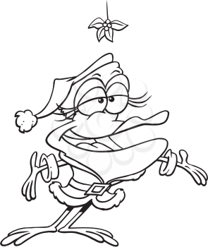 Royalty Free Clipart Image of a Frog in a Santa Suit Standing Under Mistletoe