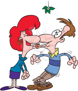 Royalty Free Clipart Image of a Couple Kissing Under Mistletoe