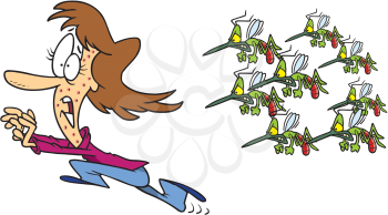 Royalty Free Clipart Image of a Person Being Chased by Mosquitoes