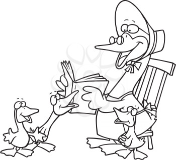 Royalty Free Clipart Image of Mother Goose Reading a Story to Her Babies