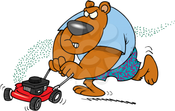 Royalty Free Clipart Image of a Bear Mowing the Lawn