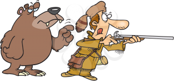 Royalty Free Clipart Image of a Hunter With a Bear Standing Behind Him