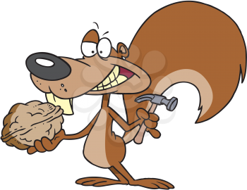 Royalty Free Clipart Image of a Squirrel Holding a Hammer and a Nut