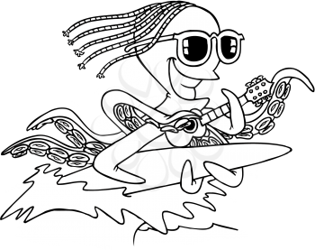 Royalty Free Clipart Image of an Octopus Playing a Ukelele on a Surfboard