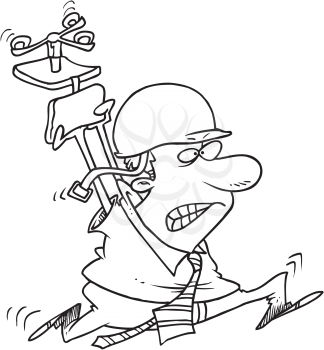 Royalty Free Clipart Image of an Angry Man in a Helmet Carrying a Chair
