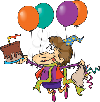 Royalty Free Clipart Image of a Partier With Cake and Balloons