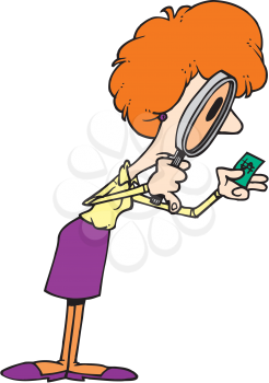 Royalty Free Clipart Image of a Woman Looking at Money Through a Magnifying Glass