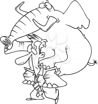 Royalty Free Clipart Image of a Man Giving an Elephant a Piggyback Ride