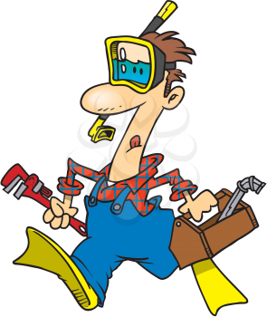 Royalty Free Clipart Image of a Plumber Wearing Flippers and a Snorkelling Mask