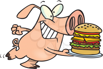 Royalty Free Clipart Image of a Pig With a Burger