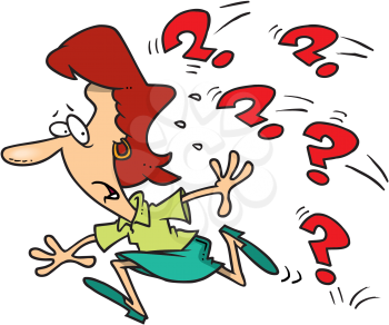 Royalty Free Clipart Image of a Woman Running From Questions
