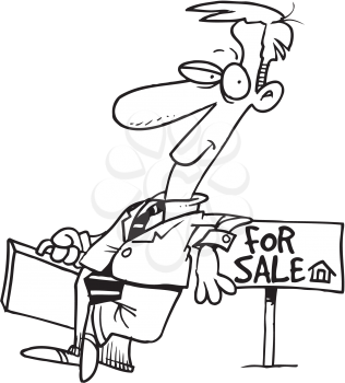 Royalty Free Clipart Image of a Man Leaning on a For Sale Sign