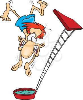 Royalty Free Clipart Image of a Guy Diving Off a High Dive Into Shallow Water