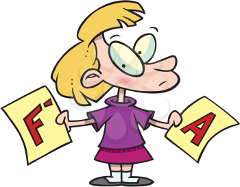 Royalty Free Clipart Image of a Girl With Two Very Different Grades