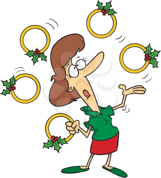 Royalty Free Clipart Image of a Woman Juggling Five Golden Rings