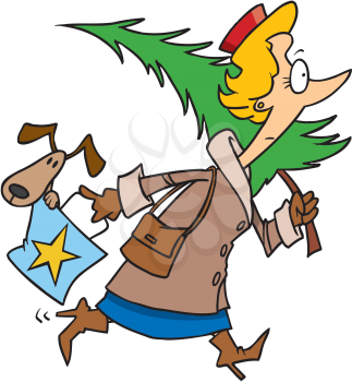Royalty Free Clipart Image of a Woman in the Christmas Rush