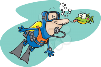 Royalty Free Clipart Image of a Scuba Diver and a Fish