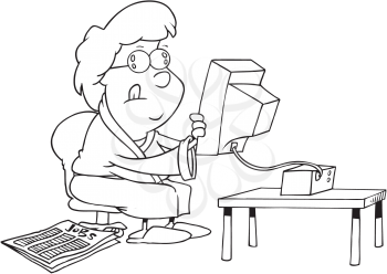 Royalty Free Clipart Image of a Near-Sighted Woman Holding a Computer
