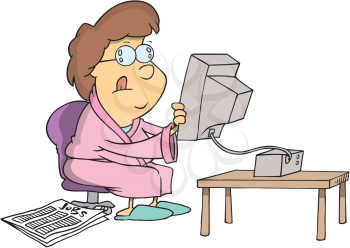 Royalty Free Clipart Image of a Near-Sighted Woman Holding a Computer Monitor