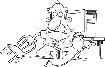 Royalty Free Clipart Image of a Man With a Whip and Chair in Front of a Computer