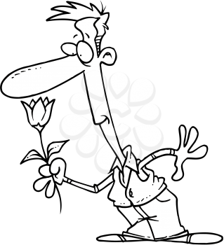 Royalty Free Clipart Image of a Man Smelling a Flower