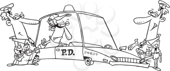Royalty Free Clipart Image of Two Policemen With a Prisoner in the Squad Car