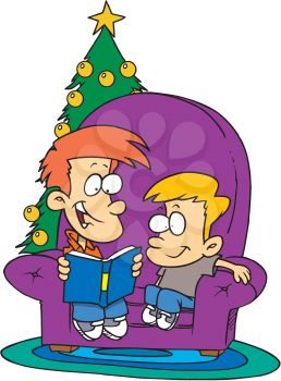 Royalty Free Clipart Image of Children Reading a Book in Front of a Christmas Tree