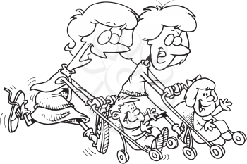 Royalty Free Clipart Image of Two Moms Pushing Strollers