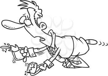 Royalty Free Clipart Image of a Man Stumbling While Carrying Cake and Coffee