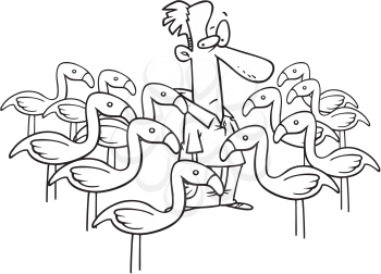 Royalty Free Clipart Image of a Man Surrounded by Flamingoes