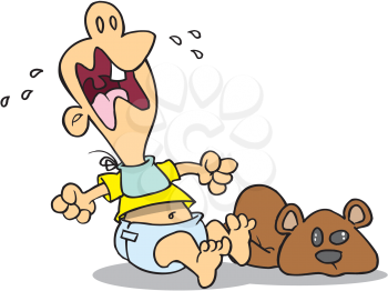 Royalty Free Clipart Image of a Crying Baby With a Teddy Bear
