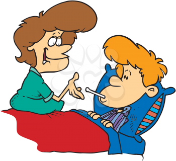 Royalty Free Clipart Image of a Mom Looking After a Sick Boy