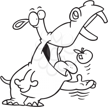 Royalty Free Clipart Image of a Hippo Tossing an Apple in Its Mouth