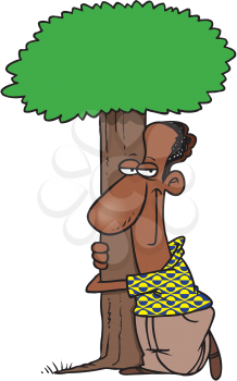 Royalty Free Clipart Image of a Man Hugging a Tree