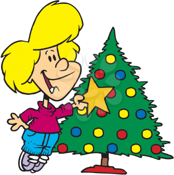 Royalty Free Clipart Image of a Girl Putting a Star on a Christmas Tree